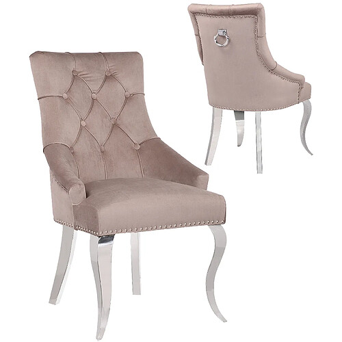 Vivenla Lot de 2 Chaises de salle à manger design capitonné revêtement en velours taupe et piètement baroque en acier inoxydable argenté collection ANGELO