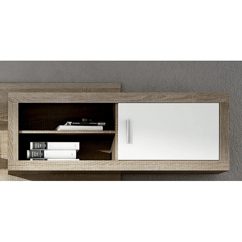 Pegane Meuble haut 1 porte coloris chêne cambrian, blanc - Longueur 130 x profondeur 26,30 x hauteur 46 cm