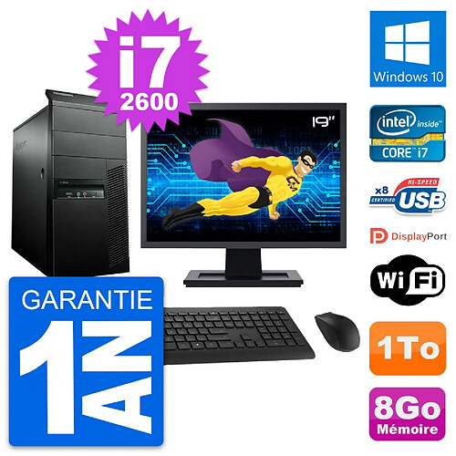 PC Tour Lenovo M91p Ecran 19" Intel i7-2600 RAM 8Go Disque 1To Windows 10 Wifi · Occasion