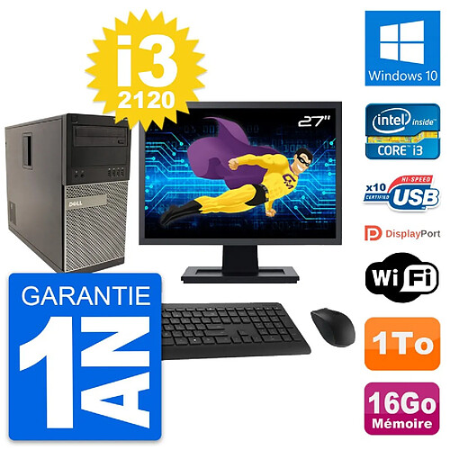 PC Tour Dell 790 MT Ecran 27" Intel i3-2120 RAM 16Go Disque 1To Windows 10 Wifi · Occasion