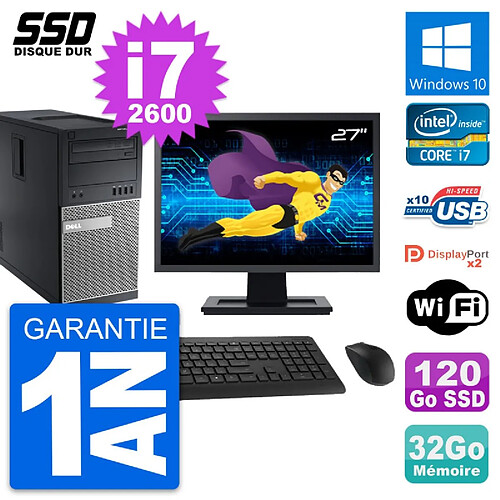 PC Tour Dell 9010 Ecran 27" Intel i7-2600 RAM 32Go SSD 120Go Windows 10 Wifi · Occasion