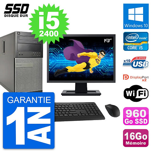 PC Tour Dell 9010 Ecran 19" Intel i5-2400 RAM 16Go SSD 960Go Windows 10 Wifi · Occasion