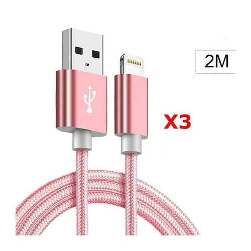 Little Boutik X3 Cable Metal Nylon Renforce Chargeur USB Couleur Rose pour IPhone Longueur 2m Tréssé Compatible IPhone 5s 6 6S 7 8 X Xr X3 Li