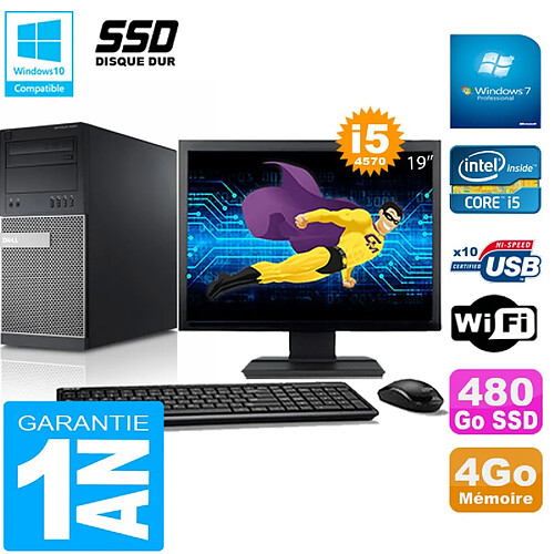 PC Tour DELL 9020 Core I5-4570 Ram 4Go Disque 480 Go SSD Wifi W7 Ecran 19" · Occasion