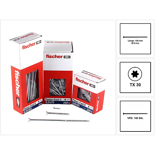 Fischer Power-Fast II FPF II Vis à bois aggloméré 6,0x140 mm,100 pcs., tête fraisée, empreinte Torx, filetage total, zingué et passivé bleu ( 670462 )