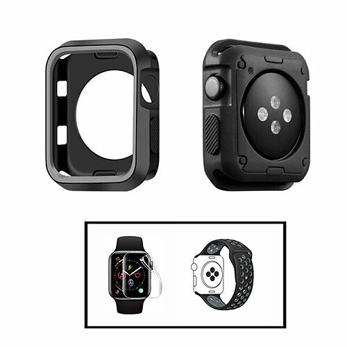 PHONECARE Kit Coque Military DoubleColor + Bracelet Bicolore SportStyle + Film de Hydrogel pour Apple Watch Series 3 - 42mm - Noir / Gris