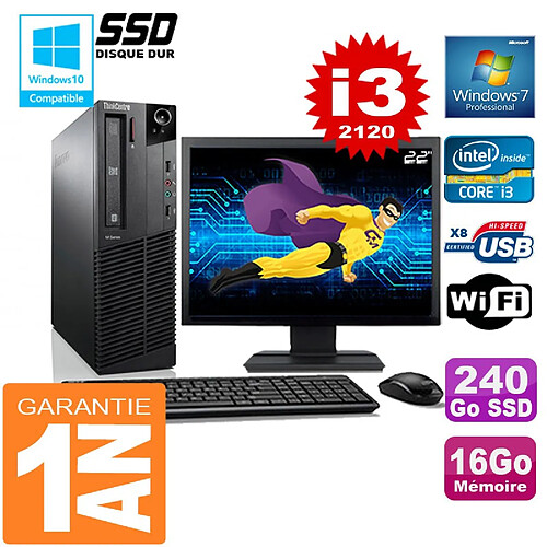 PC Lenovo M92p SFF Core I3-2120 Ram 16Go Disque 240 Go SSD Wifi W7 Ecran 22" · Occasion