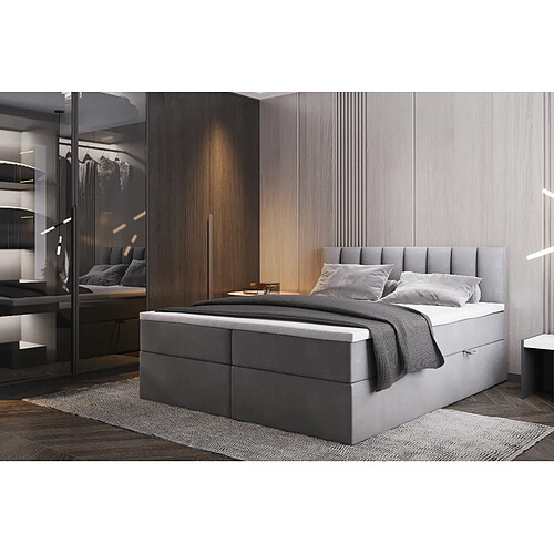 TRADA Lit double adulte PALERMO avec matelas, rangement et surmatelas 200x200 gris clair