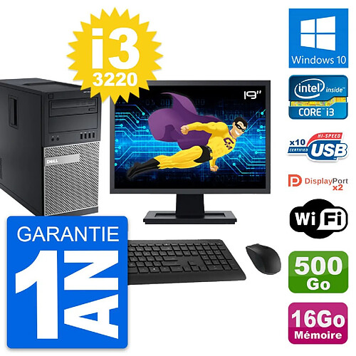 PC Tour Dell 9010 Ecran 19" Intel i3-3220 RAM 16Go Disque 500Go Windows 10 Wifi · Occasion