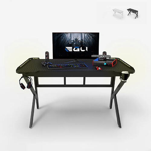 EGLI Bureau de jeu ergonomique à LED en carbone avec porte-gobelet 120x60 Sportbot LED 120 | Couleur: Noir