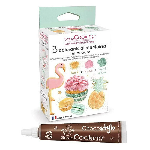 Scrapcooking 3 colorants alimentaires rose poudré, vert d'eau, doré + 1 Stylo chocolat