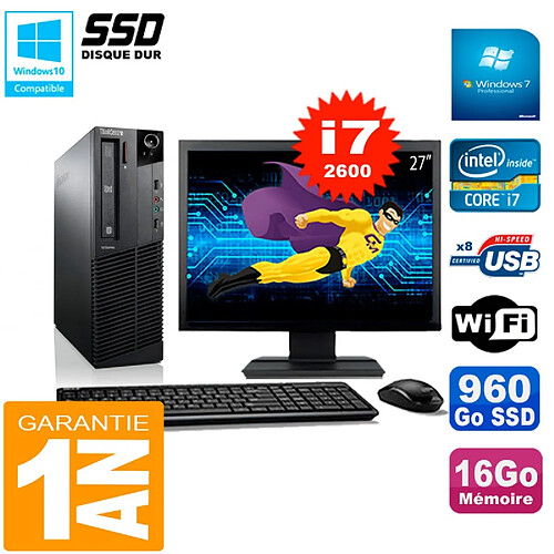 PC Lenovo M92p SFF Ecran 27" Core I7-2600 16Go Disque 960Go SSD Wifi W7 · Occasion