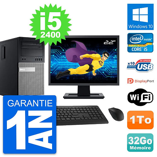 PC Tour Dell 990 Ecran 22" Intel i5-2400 RAM 32Go Disque Dur 1To Windows 10 Wifi · Occasion