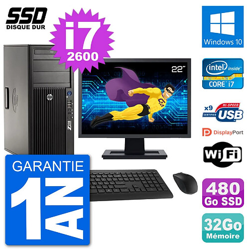 PC Tour HP Z210 Ecran 22" Intel i7-2600 RAM 32Go SSD 480Go Windows 10 Wifi · Occasion