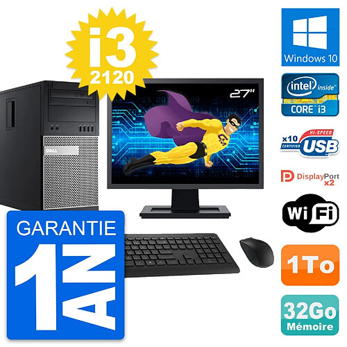 PC Tour Dell 9010 Ecran 27" Intel i3-2120 RAM 32Go Disque 1To Windows 10 Wifi · Occasion