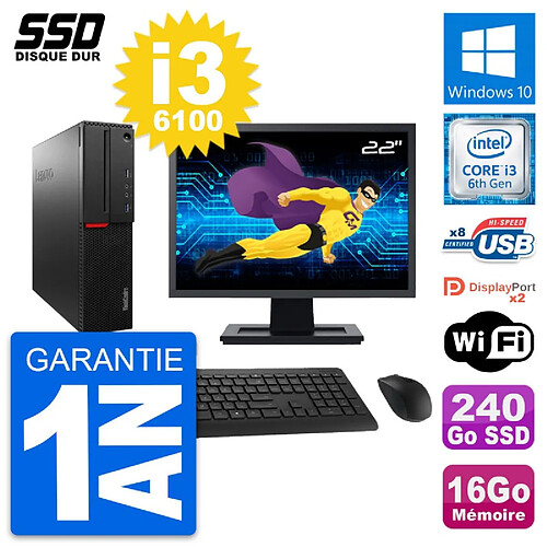 PC Lenovo M800 SFF Ecran 22" Intel i3-6100 RAM 16Go SSD 240Go Windows 10 Wifi · Occasion