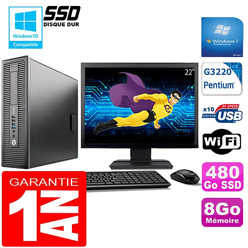 PC HP EliteDesk 800 G1 SFF Intel G3220 8Go Disque 480 Go SSD Wifi W7 Ecran 22" · Occasion