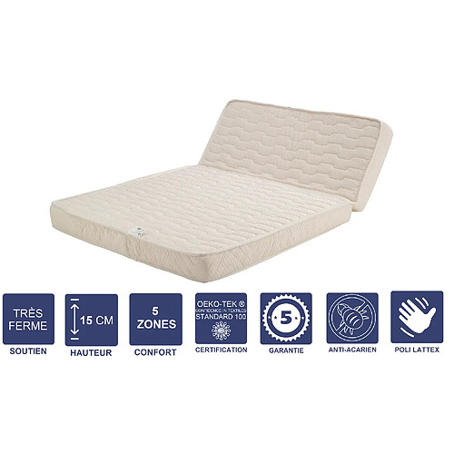 Provence Literie Matelas Très Ferme Pour tous BZ + Alèse 140x190 x 15 cm + Oreiller Visco avec Mémoire de Forme sur Face Hiver - Déhoussable Housse Lavable - Découpe Assise 60 cm - 5 zones de Confort - Face été et Ame Poli Lattex Haute Résilience - Hypoallergénique