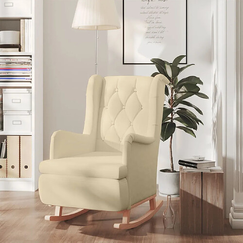 Maison Chic Fauteuil relax,Chair avec pieds à bascule en bois d'hévéa solide Crème Tissu -MN54174