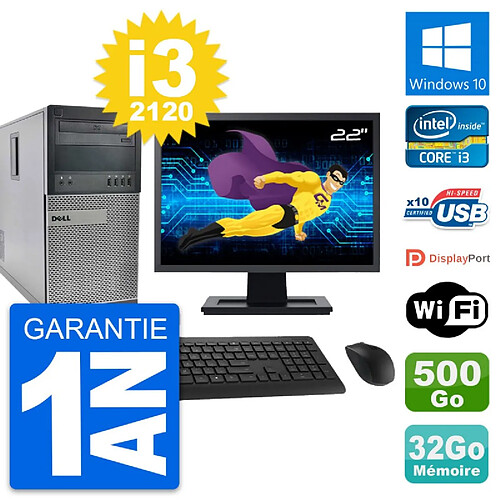 PC Tour Dell 990 Ecran 22" Intel i3-2120 RAM 32Go Disque 500Go Windows 10 Wifi · Occasion