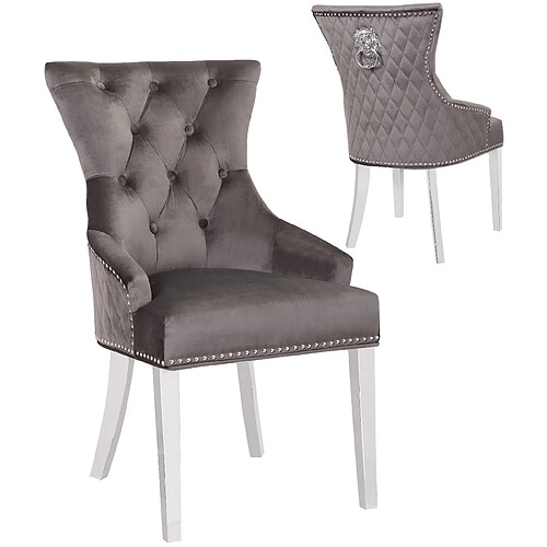 Vivenla Lot de 2 Chaises de salle à manger contemporain avec capitonnage et anneau décoratif tête de lion à l'arrière revêtement en velours gris foncé et piètement en acier inoxydable poli argenté collection MADISON