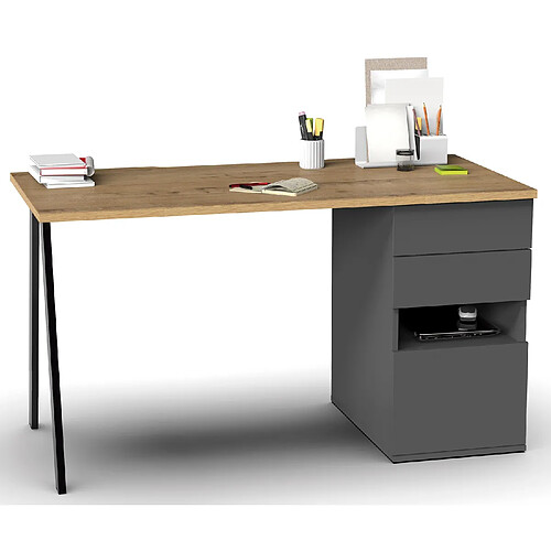 Pegane Bureau,table de travail en aggloméré finition gris foncé avec pied en métal noir-Longueur 137.5 x Profondeur 67 x Hauteur 76 cm