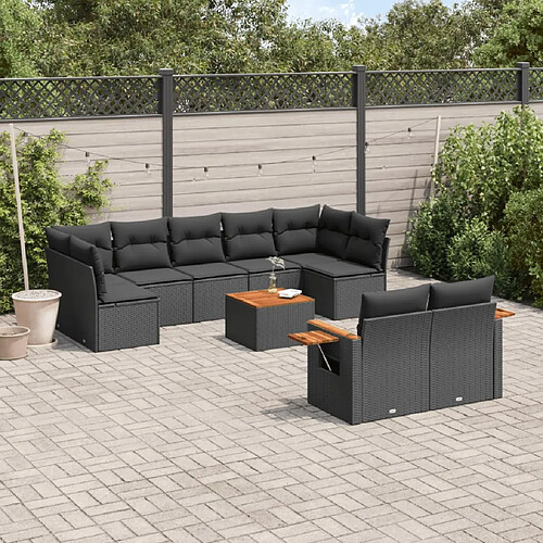 vidaXL Salon de jardin 10 pcs avec coussins noir résine tressée