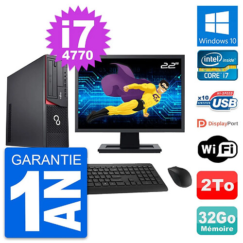 PC Fujitsu E920 DT Ecran 22" Intel i7-4770 RAM 32Go Disque 2To Windows 10 Wifi · Occasion