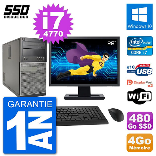 PC Tour Dell 7020 Ecran 22" Intel Core i7-4770 RAM 4Go SSD 480Go Windows 10 Wifi · Occasion