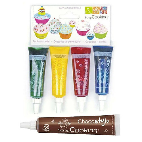 Scrapcooking 4 colorants alimentaires liquides bleu, rouge, jaune, vert + 1 Stylo chocolat