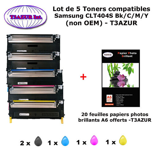 5 Toners génériques CLT404S Bk,C,M,Y pour Samsung XPress C430 C430W C480 C480FN C480W C483W imprimante+ 20f A6 brillantes-T3AZUR