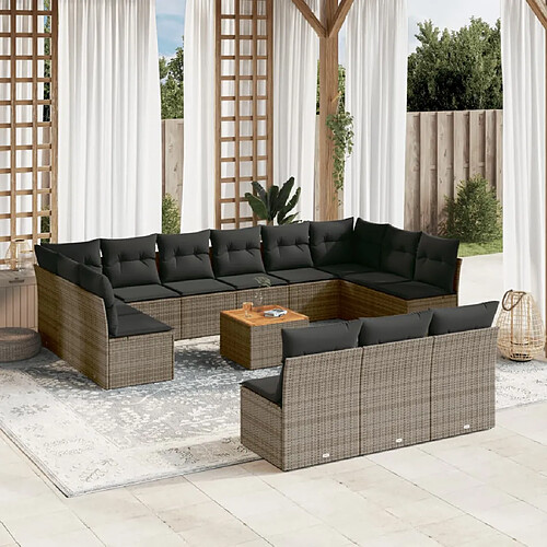 vidaXL Salon de jardin avec coussins 14 pcs gris résine tressée