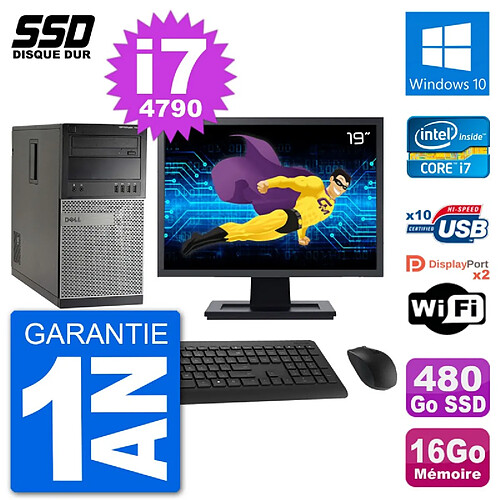 PC Tour Dell 7020 Ecran 19" Intel i7-4790 RAM 16Go SSD 480Go Windows 10 Wifi · Occasion