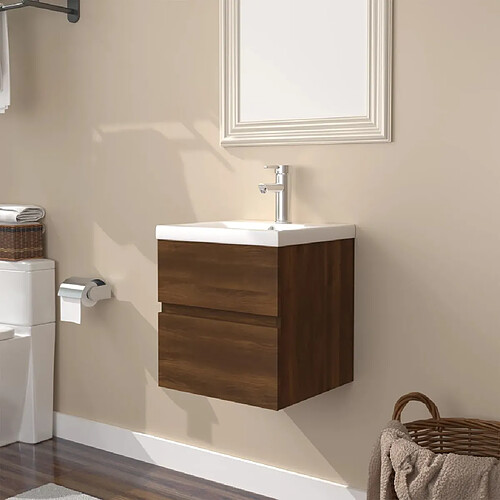 vidaXL Meuble lavabo avec bassin intégré Chêne brun Bois d'ingénierie