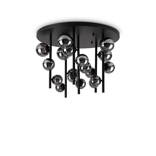 Ideal Lux Plafonnier globe à 18 ampoules, noir, abat-jour gris fumé