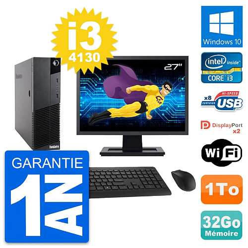 PC Lenovo M83 SFF Ecran 27" Core i3-4130 RAM 32Go Disque Dur 1To Windows 10 Wifi · Occasion