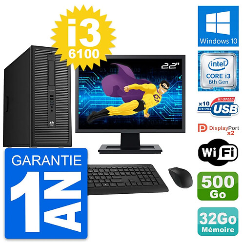 PC Tour HP 800 G2 Ecran 22" Intel i3-6100 RAM 32Go Disque 500Go Windows 10 Wifi · Occasion