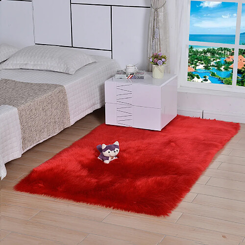 LUUCOZK Tapis moelleux en fausse fourrure, tapis à poils longs pour chambre à coucher, salon, rouge-180x220cm