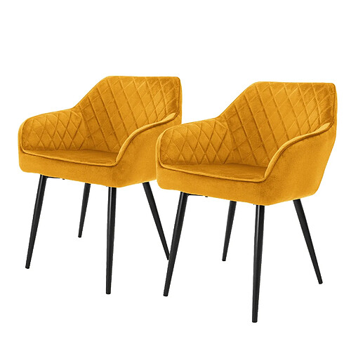 Chaise de salle à manger Lot de 2 avec dossier et accoudoirs Jaune en velours ML-Design