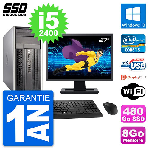 PC Tour HP 6300 CMT Ecran 27" Intel i5-2400 RAM 8Go SSD 480Go Windows 10 Wifi · Occasion