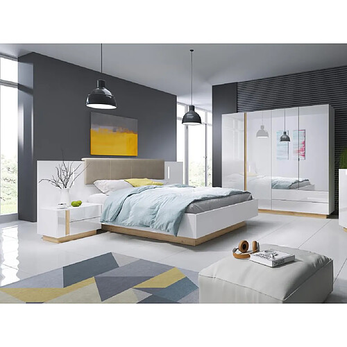 Vente-Unique Lit avec chevets 160 x 200 cm - Avec LEDs - Blanc et naturel + Sommier - MURARI