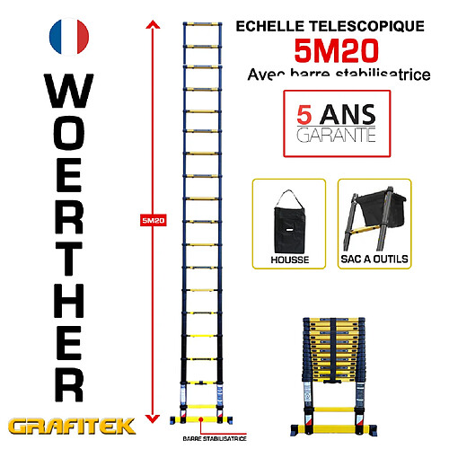 Echelle télescopique Woerther 5m20 - Avec housse et sac porte outils - Gamme Grafitek - Qualité supérieur - Garantie 5 ans