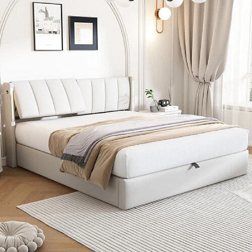 LBF Lit capitonné 140 x 200 cm, avec éclairage LED et grand rangement, tête de lit, lit capitonné LED à deux vantaux, matière lin, lit adulte sans matelas, blanc galet