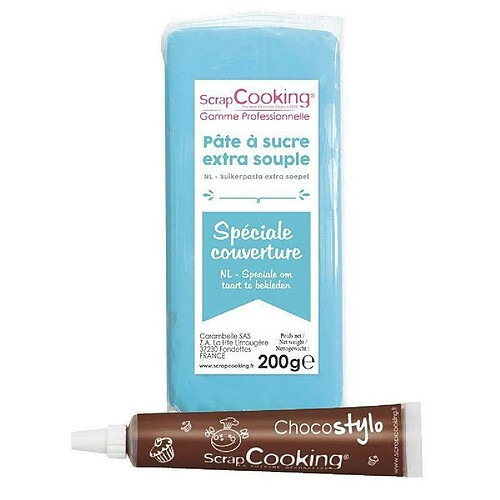 Scrapcooking Pâte à sucre de couverture bleu 200 g + Stylo chocolat