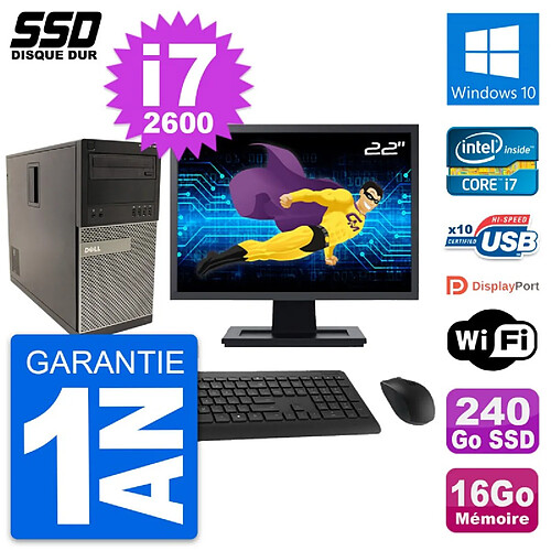 PC Tour Dell 790 MT Ecran 22" Intel i7-2600 RAM 16Go SSD 240Go Windows 10 Wifi · Occasion