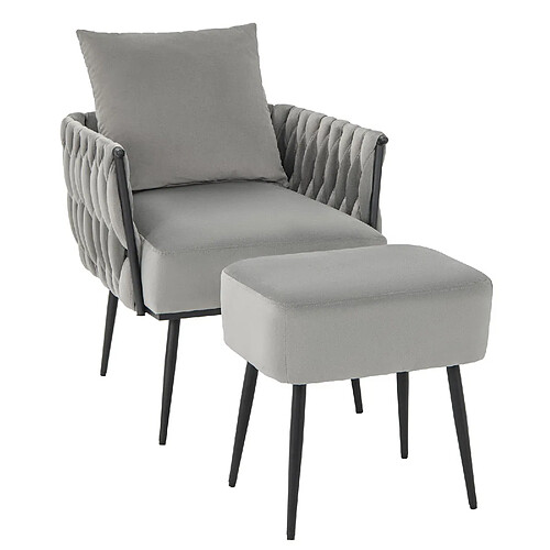 Helloshop26 Ensemble chaise d'appoint et ottoman moderne en velours hollandais chaise de loisirs dossier et accoudoirs tissés avec repose-pieds gris 20_0005298