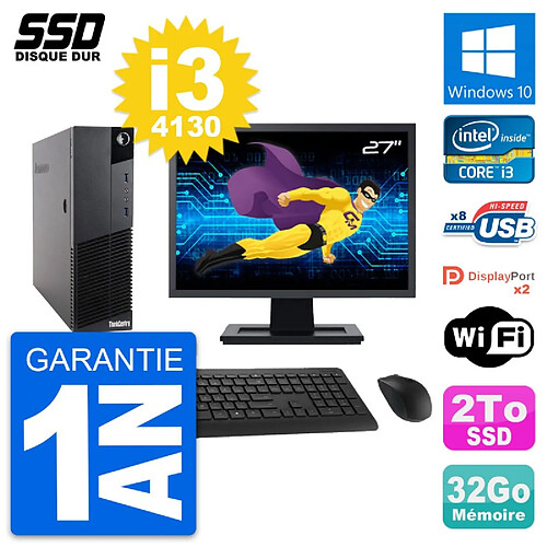 PC Lenovo M83 SFF Ecran 27" Core i3-4130 RAM 32Go Disque Dur 2To Windows 10 Wifi · Occasion