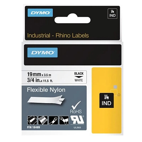 DYMO Ruban nylon continu pour étiqueteuse Rhino 4200, largeur 12 mm, longueur 3,5 m, noir sur blanc