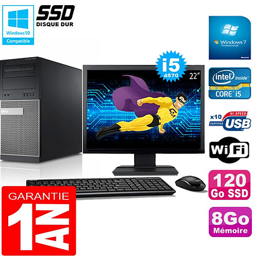 PC Tour DELL 9020 Core I5-4570 Ram 8Go Disque 120 Go SSD Wifi W7 Ecran 22" · Occasion