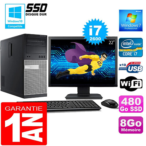 PC Tour DELL 7010 Core I7-2600 Ram 8Go Disque 480 Go SSD Wifi W7 Ecran 22" · Occasion